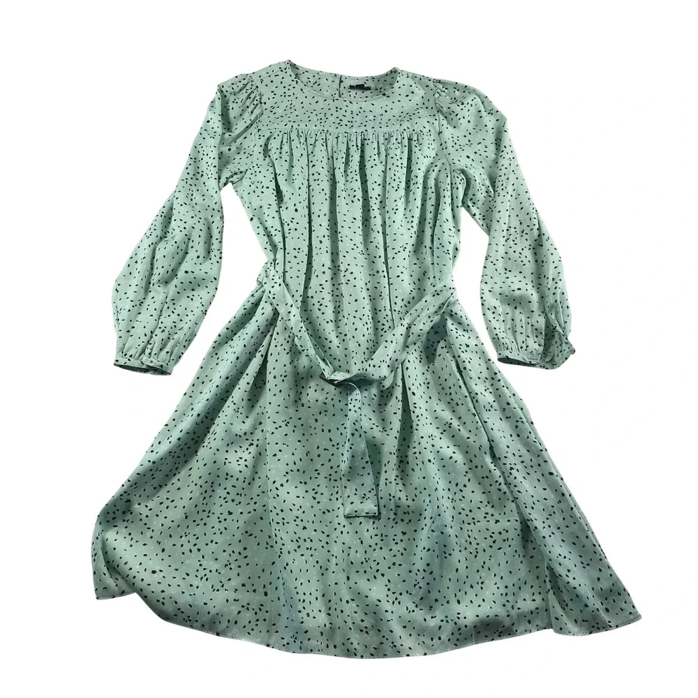Ann Taylor Mint Green Abstract Dot Long Sleeve Fit & Flare Dress Size M 585934
